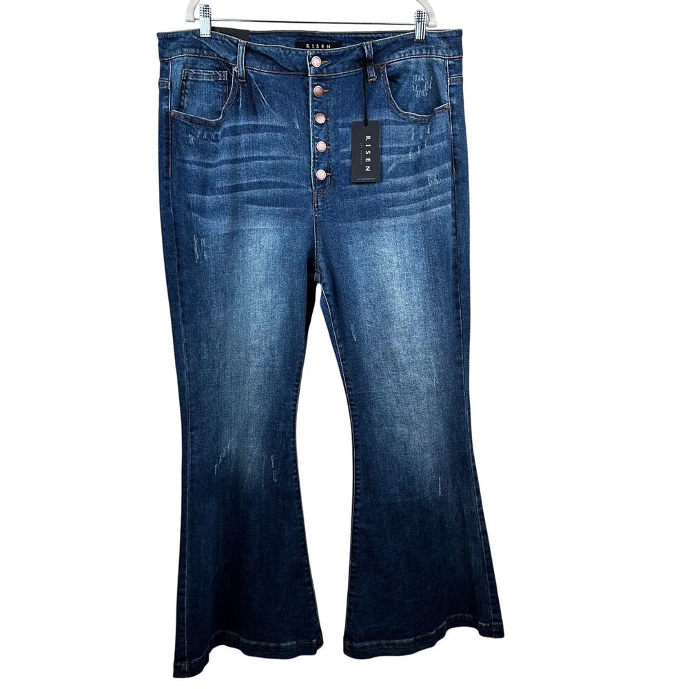 NEW Risen Los Angeles Jeans Button Fly Vintage Flare Dark Wash 3XL Boho Retro